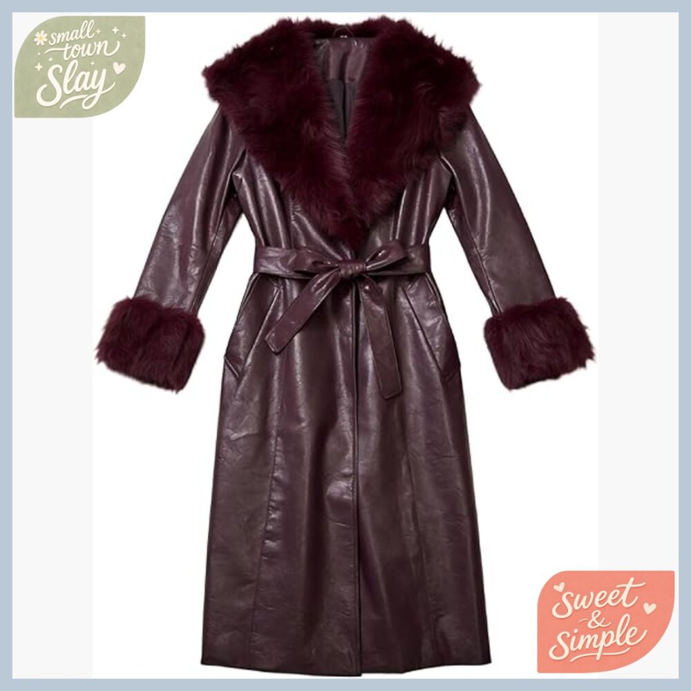 Leather Coat with Faux Fur Trim, Belted Long Coat, Slim Fit